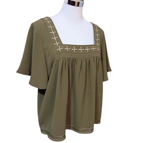 BOBEAU‎ Peasant Flowy Blouse Top Embroidered Square Neck Gathers Size XL Green - Picture 4 of 11